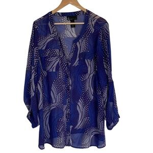 Lane Bryant Womens Sheer Blue White Sheer Blouse Top Size‎ 22/24 Button Front
